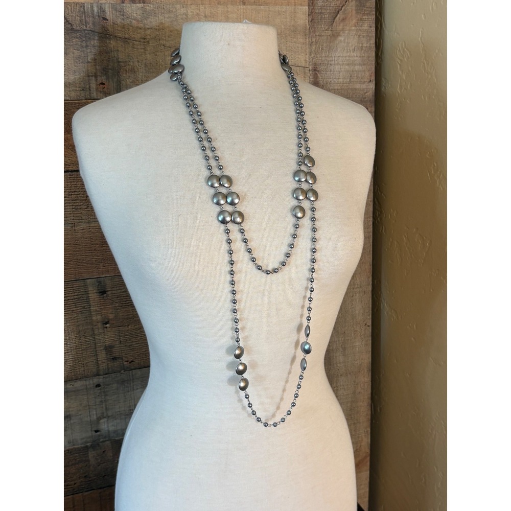 Gunmetal Grey Beaded Coin Layered Long Necklace Metallic Disc